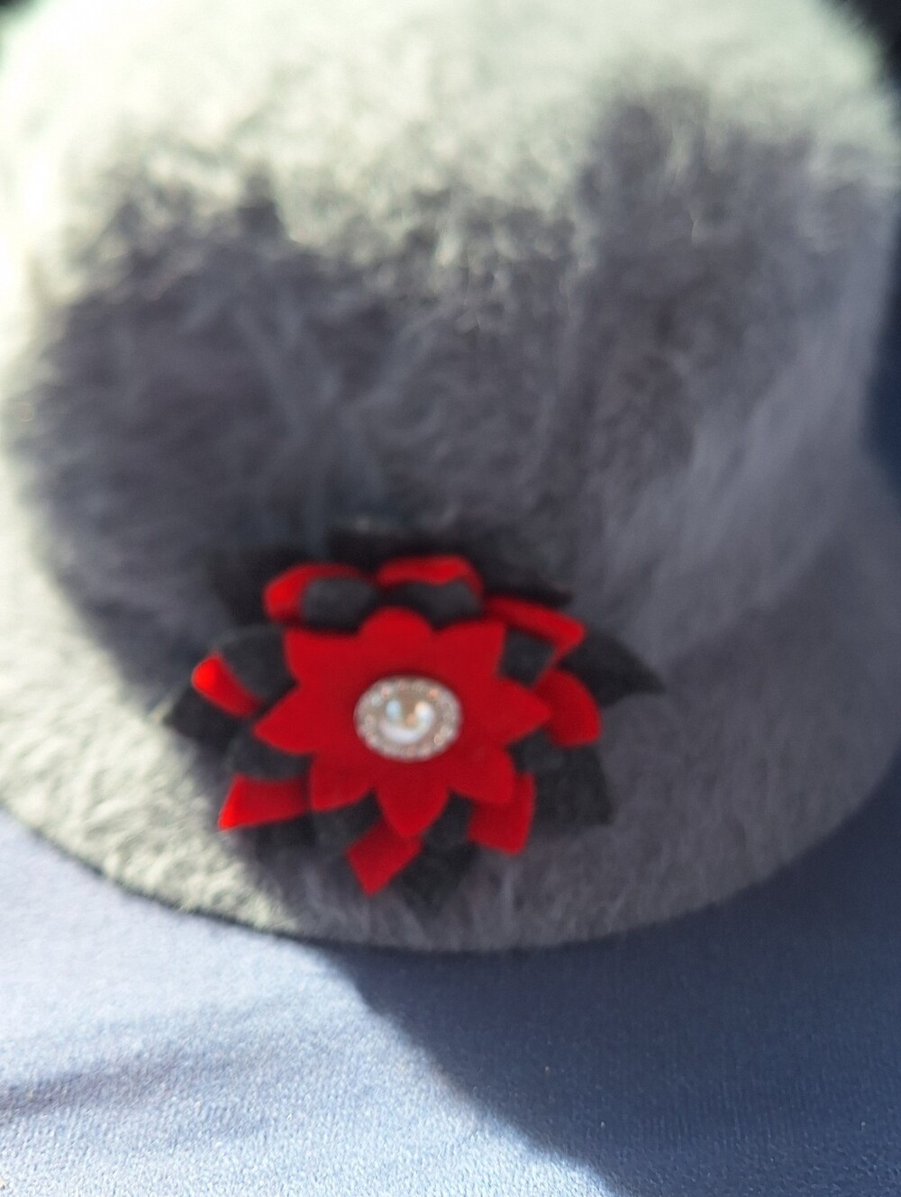 Betmar Gray Felt and Rabbit Fur Cloche Hat with Red Flower Accent